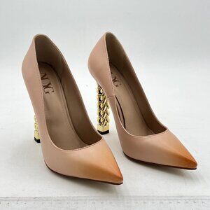 Nude Women Gold Metal Chain Chunky High Heel Pointed Toe Party Prom Pumps